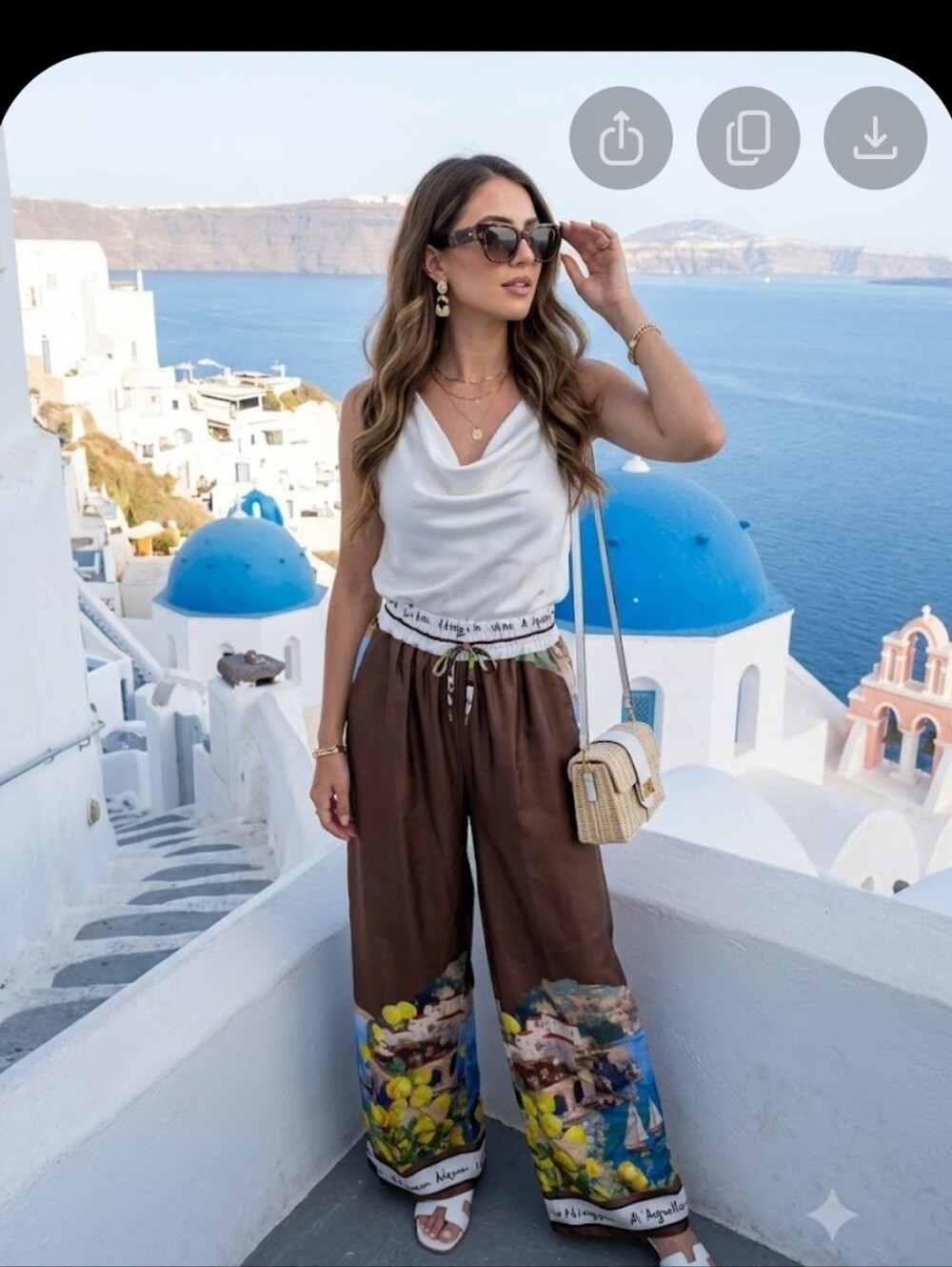 Made In Italy Wide-Leg Printed Summer Pants in Olive with Lemon Motif - Picture 2 of 5